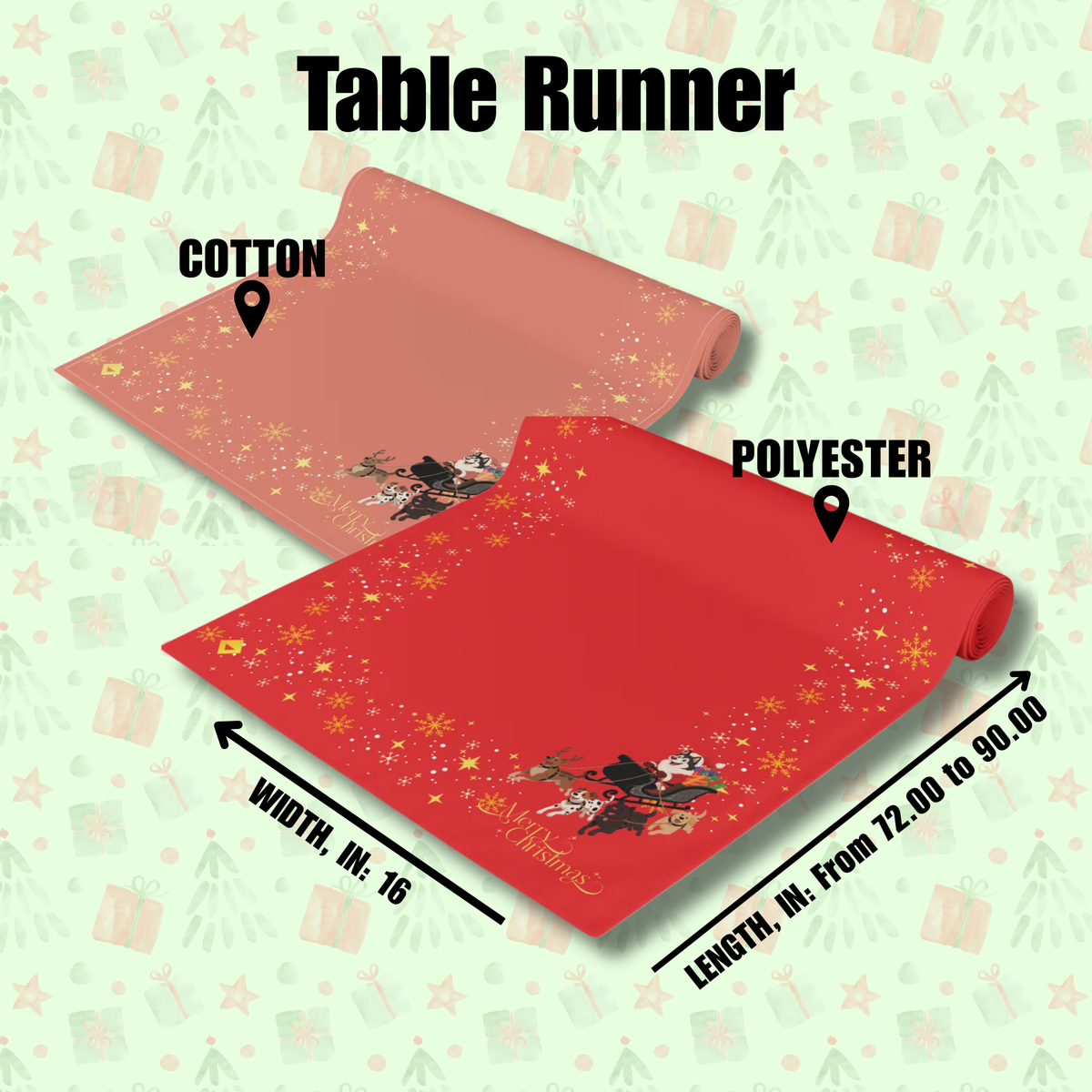 Christmas Table Runner - Festive Holiday Sleigh Design in Cotton or Polyester