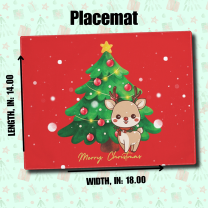 Christmas Reindeer Placemat - Cute Holiday Table Decor with Tree Design, Red Background