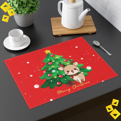 Christmas Reindeer Placemat - Cute Holiday Table Decor with Tree Design, Red Background