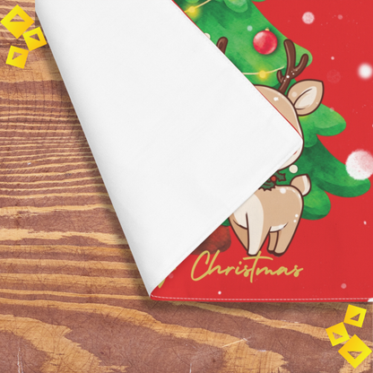 Christmas Reindeer Placemat - Cute Holiday Table Decor with Tree Design, Red Background