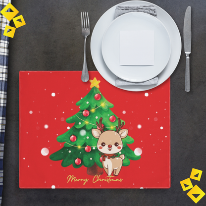 Christmas Reindeer Placemat - Cute Holiday Table Decor with Tree Design, Red Background