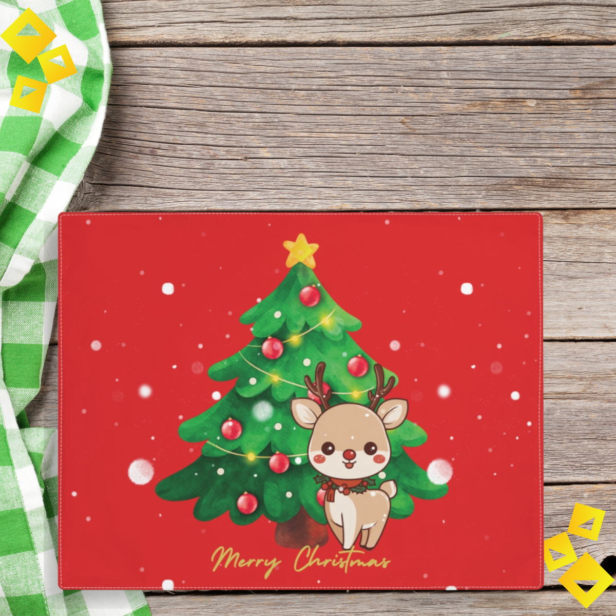 Christmas Reindeer Placemat - Cute Holiday Table Decor with Tree Design, Red Background