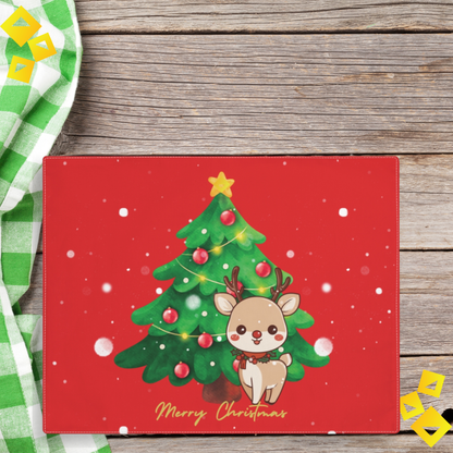 Christmas Reindeer Placemat - Cute Holiday Table Decor with Tree Design, Red Background