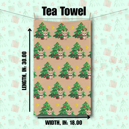 Tea Towel Christmas Reindeer and Tree - Festive Cotton & Polyester Kitchen Towel
