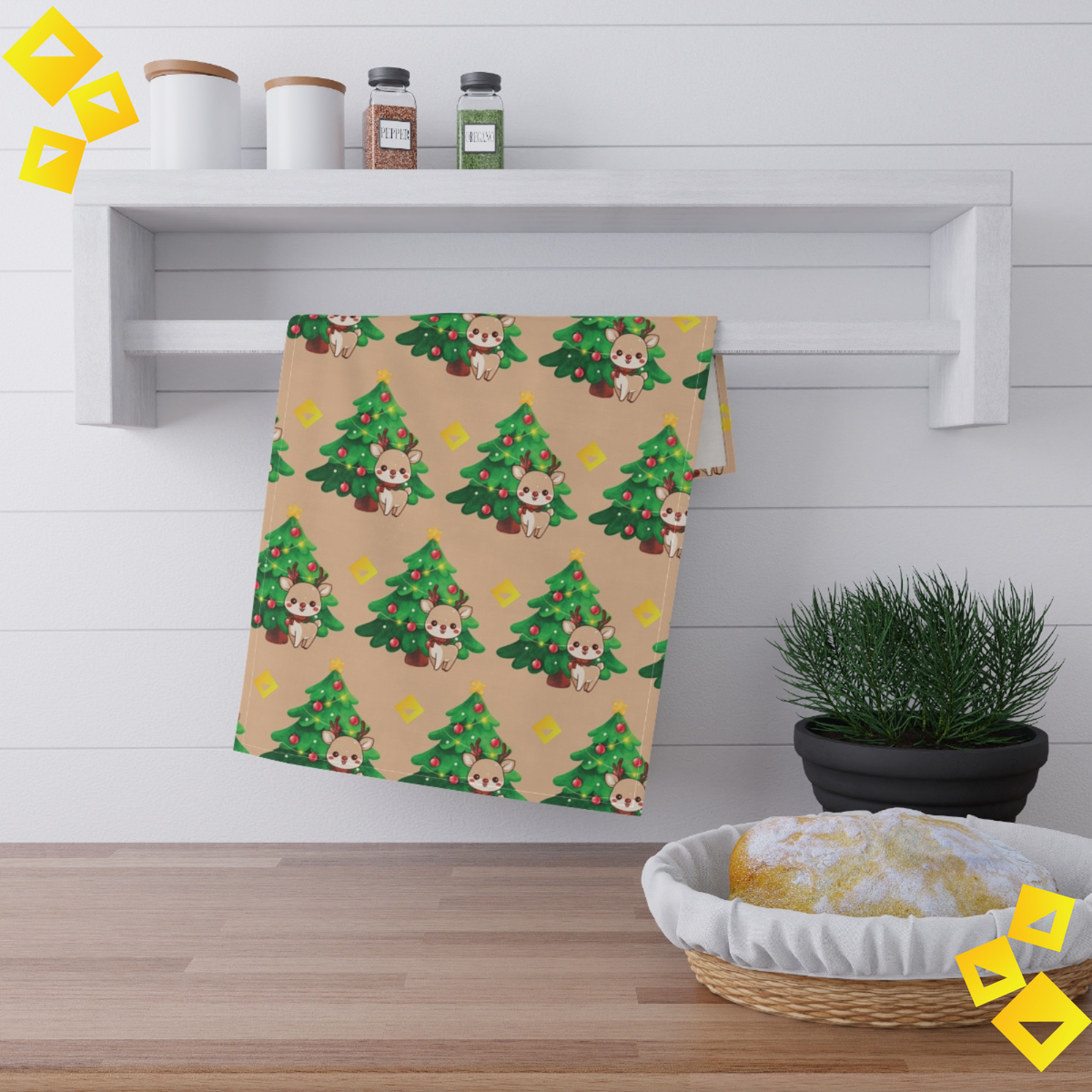 Tea Towel Christmas Reindeer and Tree - Festive Cotton & Polyester Kitchen Towel