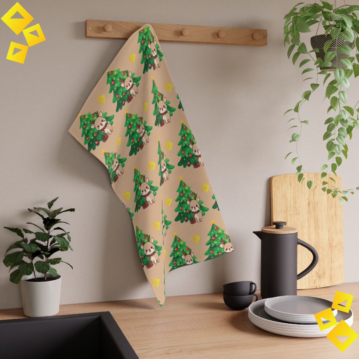 Tea Towel Christmas Reindeer and Tree - Festive Cotton & Polyester Kitchen Towel