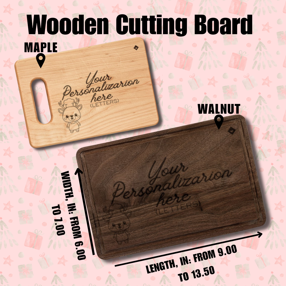 Personalized Wooden Cutting Board with Reindeer Chef Design - Custom Engraved Maple or Walnut Board