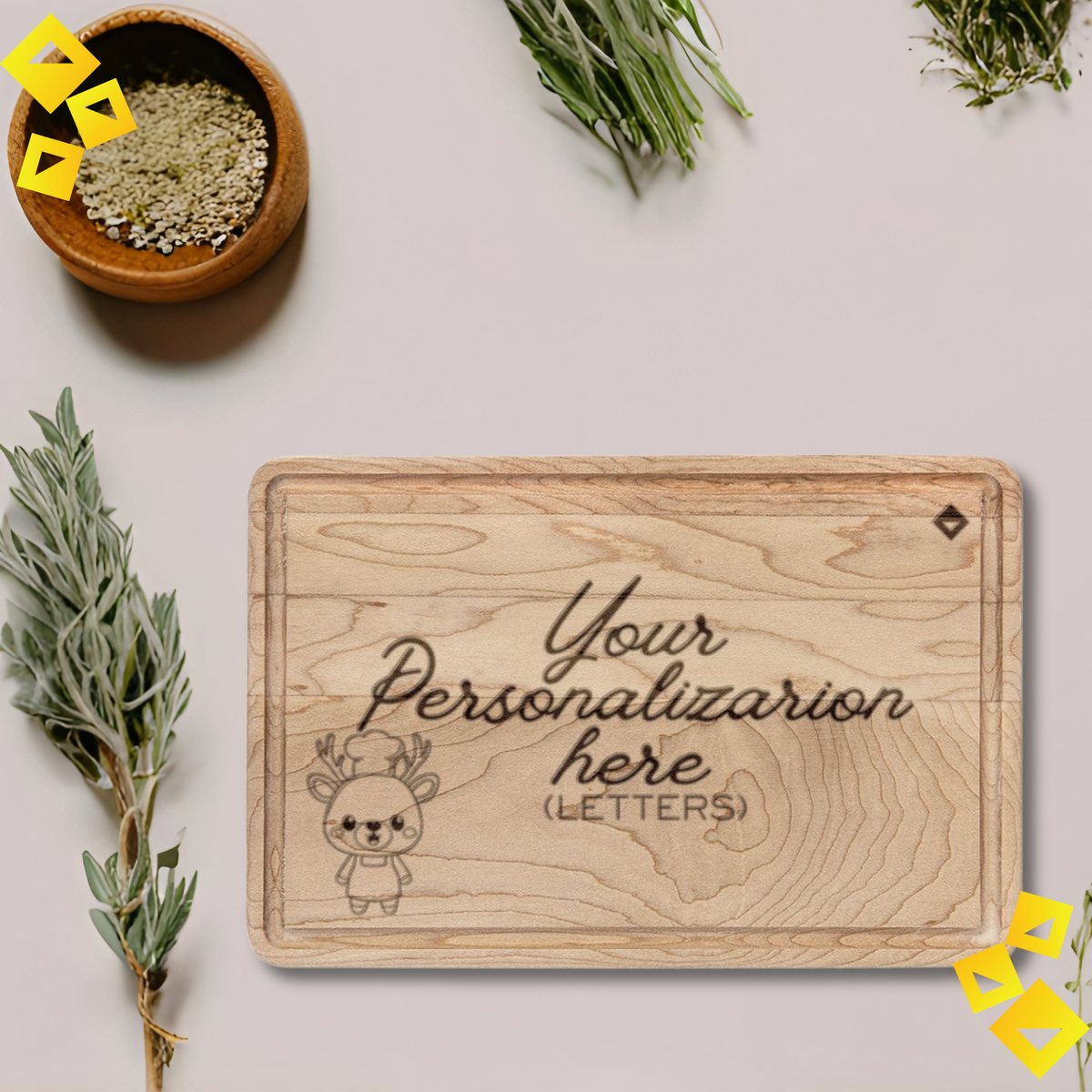 Personalized Wooden Cutting Board with Reindeer Chef Design - Custom Engraved Maple or Walnut Board
