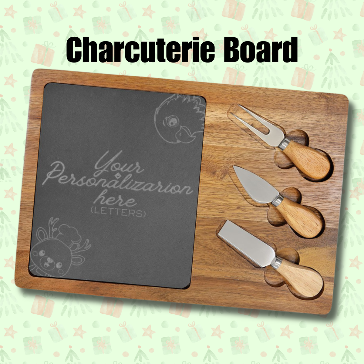 Personalized Charcuterie Board with Chef Reindeer & Eagle Engraving - Custom Cheese Board with Knives