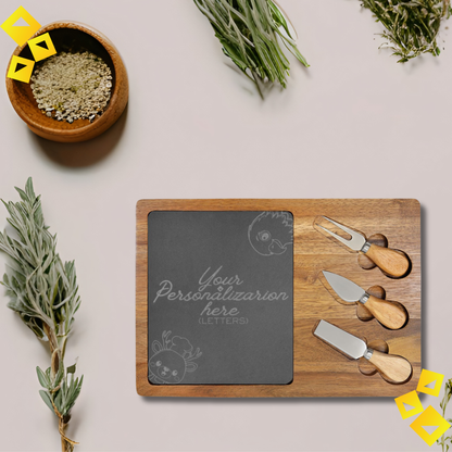 Personalized Charcuterie Board with Chef Reindeer & Eagle Engraving - Custom Cheese Board with Knives