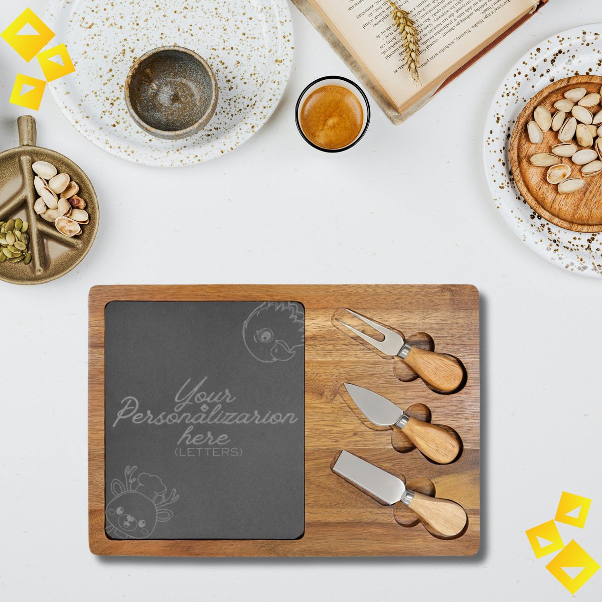 Personalized Charcuterie Board with Chef Reindeer & Eagle Engraving - Custom Cheese Board with Knives