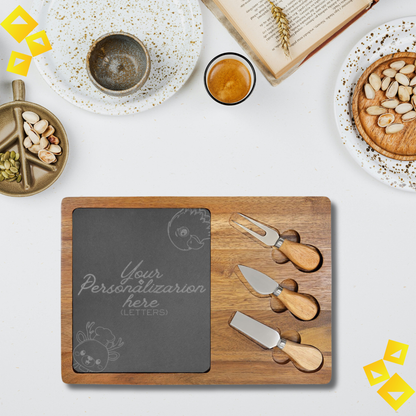Personalized Charcuterie Board with Chef Reindeer & Eagle Engraving - Custom Cheese Board with Knives
