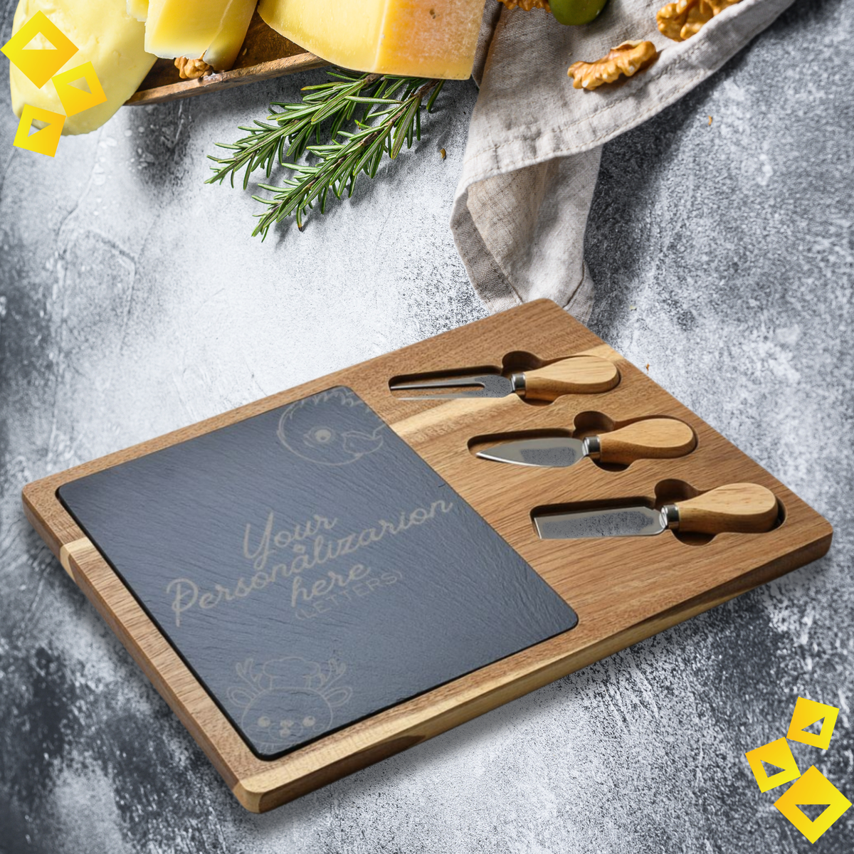 Personalized Charcuterie Board with Chef Reindeer & Eagle Engraving - Custom Cheese Board with Knives