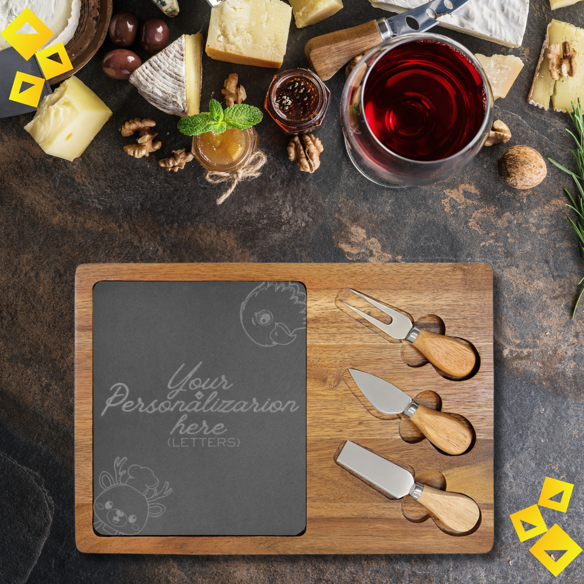 Personalized Charcuterie Board with Chef Reindeer & Eagle Engraving - Custom Cheese Board with Knives
