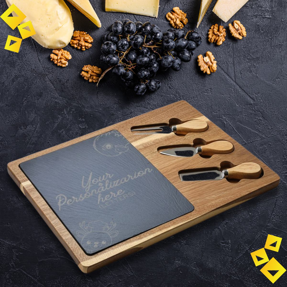 Personalized Charcuterie Board with Chef Reindeer & Eagle Engraving - Custom Cheese Board with Knives