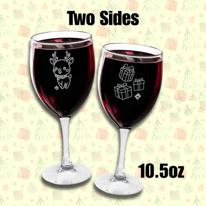 Wine Glass - Reindeer Engraving - Holiday Christmas & New Year Barware - Cute Festive Animal Glass Gift for Wine Lovers