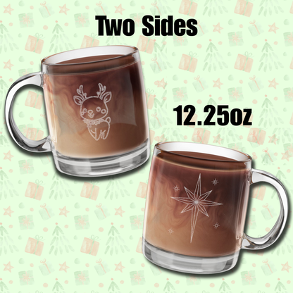 Glass Coffee Mug - Reindeer Engraving with Star - Holiday Christmas Mug for Cocoa or Coffee - Festive Gift for Animal Lovers