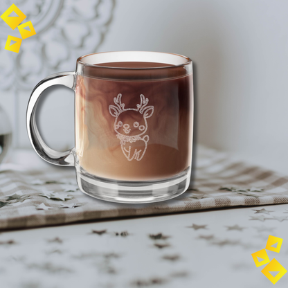 Glass Coffee Mug - Reindeer Engraving with Star - Holiday Christmas Mug for Cocoa or Coffee - Festive Gift for Animal Lovers