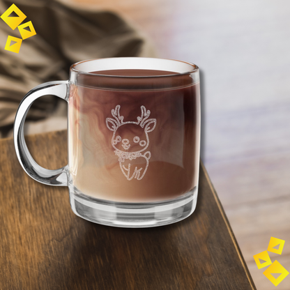 Glass Coffee Mug - Reindeer Engraving with Star - Holiday Christmas Mug for Cocoa or Coffee - Festive Gift for Animal Lovers