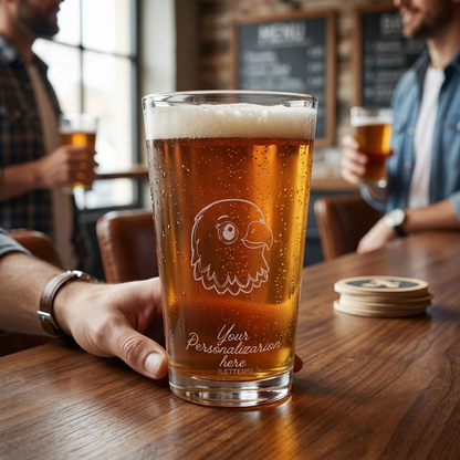 Personalized Pint Glass - Eagle Engraving - Custom Beer Glass for Him - Engraved Barware Gift for Animal & Bird Lovers