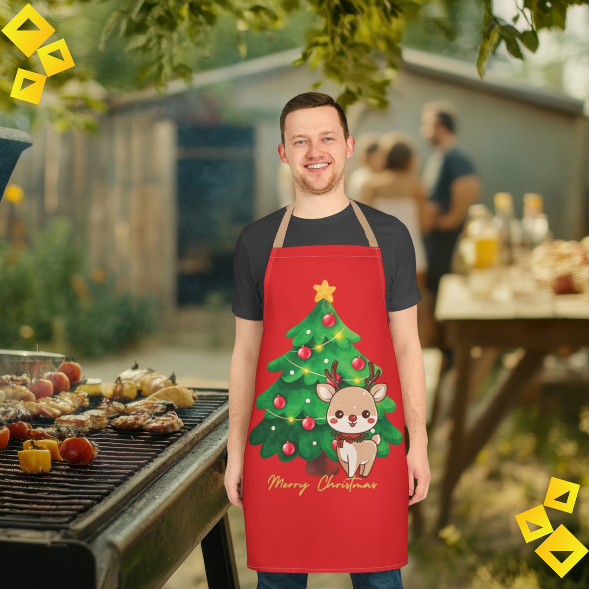 Apron Christmas Reindeer and Tree - Festive Holiday Kitchen Cooking Apron