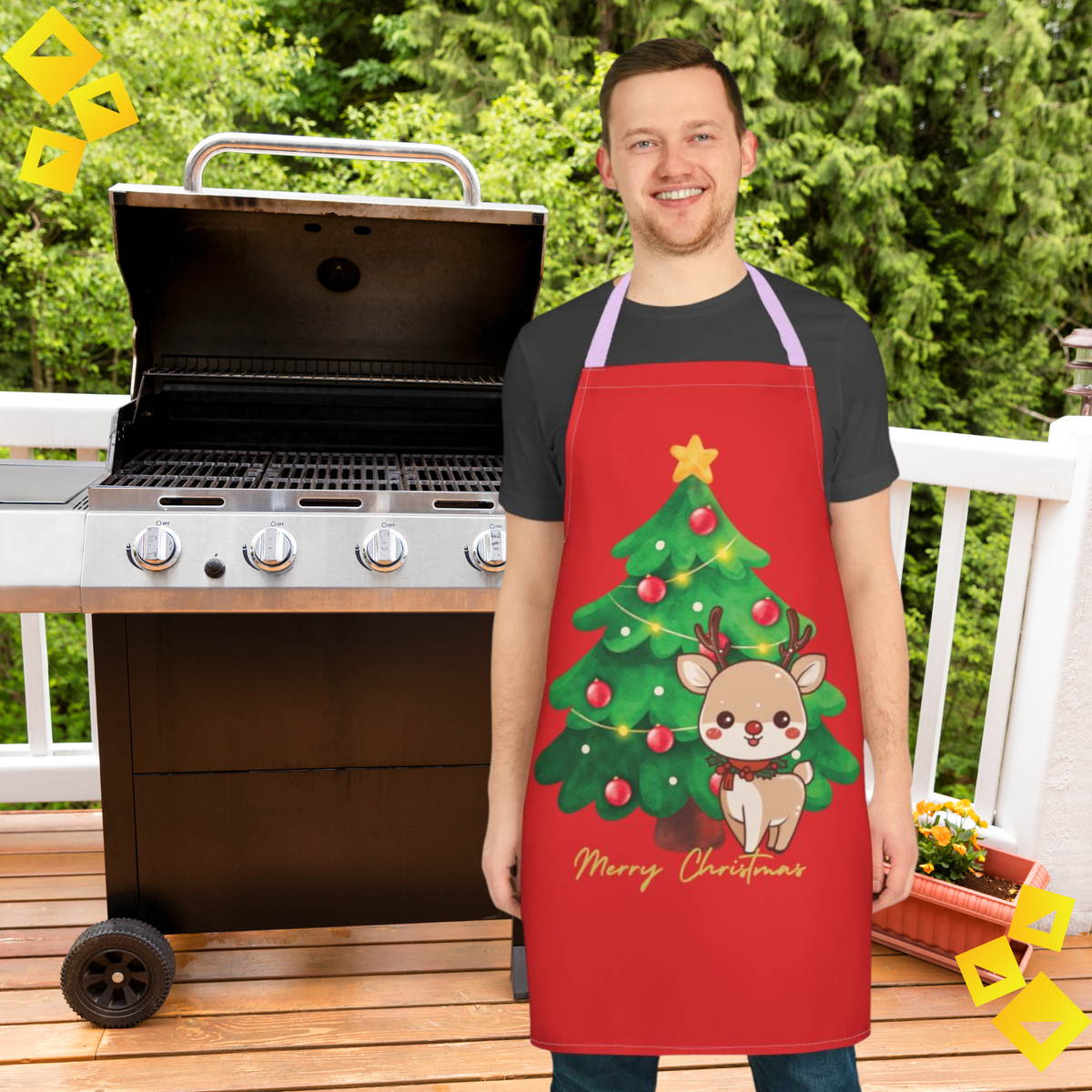 Apron Christmas Reindeer and Tree - Festive Holiday Kitchen Cooking Apron