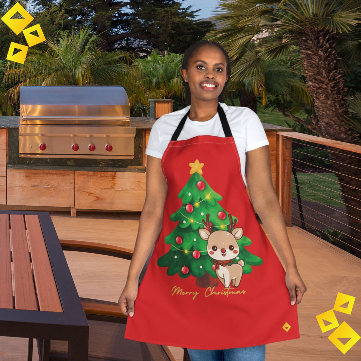 Apron Christmas Reindeer and Tree - Festive Holiday Kitchen Cooking Apron