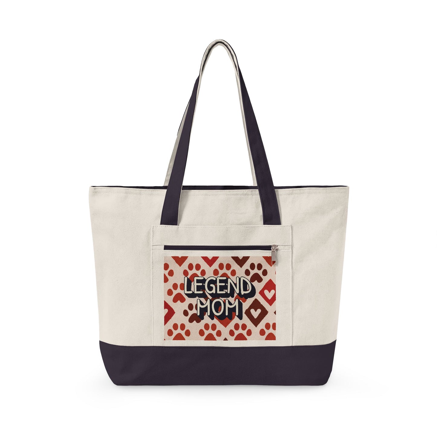 Zippered Canvas Tote, Legend Mom Dog Paw Print Bag, Pet Lover Mom Tote Bag, Cute Paw Pattern Carryall, Everyday Shopping Bag