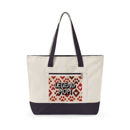 Zippered Canvas Tote, Legend Mom Dog Paw Print Bag, Pet Lover Mom Tote Bag, Cute Paw Pattern Carryall, Everyday Shopping Bag