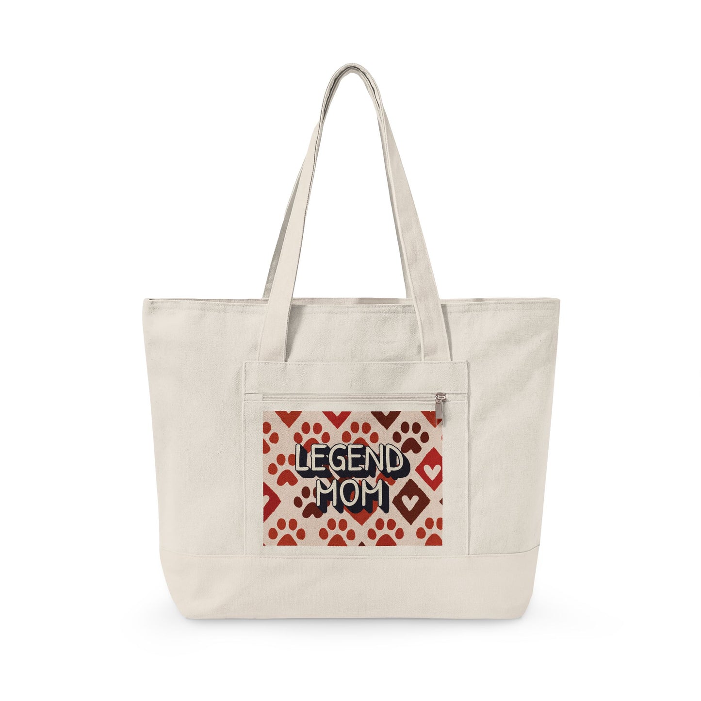 Zippered Canvas Tote, Legend Mom Dog Paw Print Bag, Pet Lover Mom Tote Bag, Cute Paw Pattern Carryall, Everyday Shopping Bag
