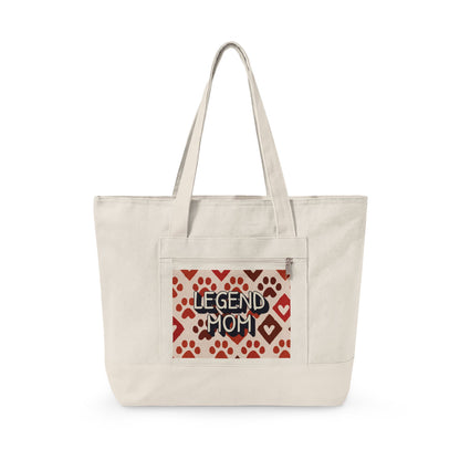 Zippered Canvas Tote, Legend Mom Dog Paw Print Bag, Pet Lover Mom Tote Bag, Cute Paw Pattern Carryall, Everyday Shopping Bag