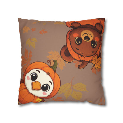 Thanksgiving Pillow Cover - Bear, Owl & Turkey Design - Double-Sided Fall Throw Pillow Case
