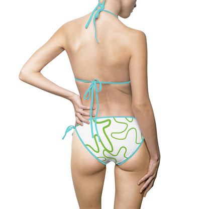 Women Swimsuit  White Neon Abstract Print with Multiple Strap Color Options, Summer Swimwear