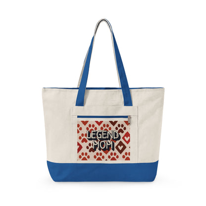 Zippered Canvas Tote, Legend Mom Dog Paw Print Bag, Pet Lover Mom Tote Bag, Cute Paw Pattern Carryall, Everyday Shopping Bag