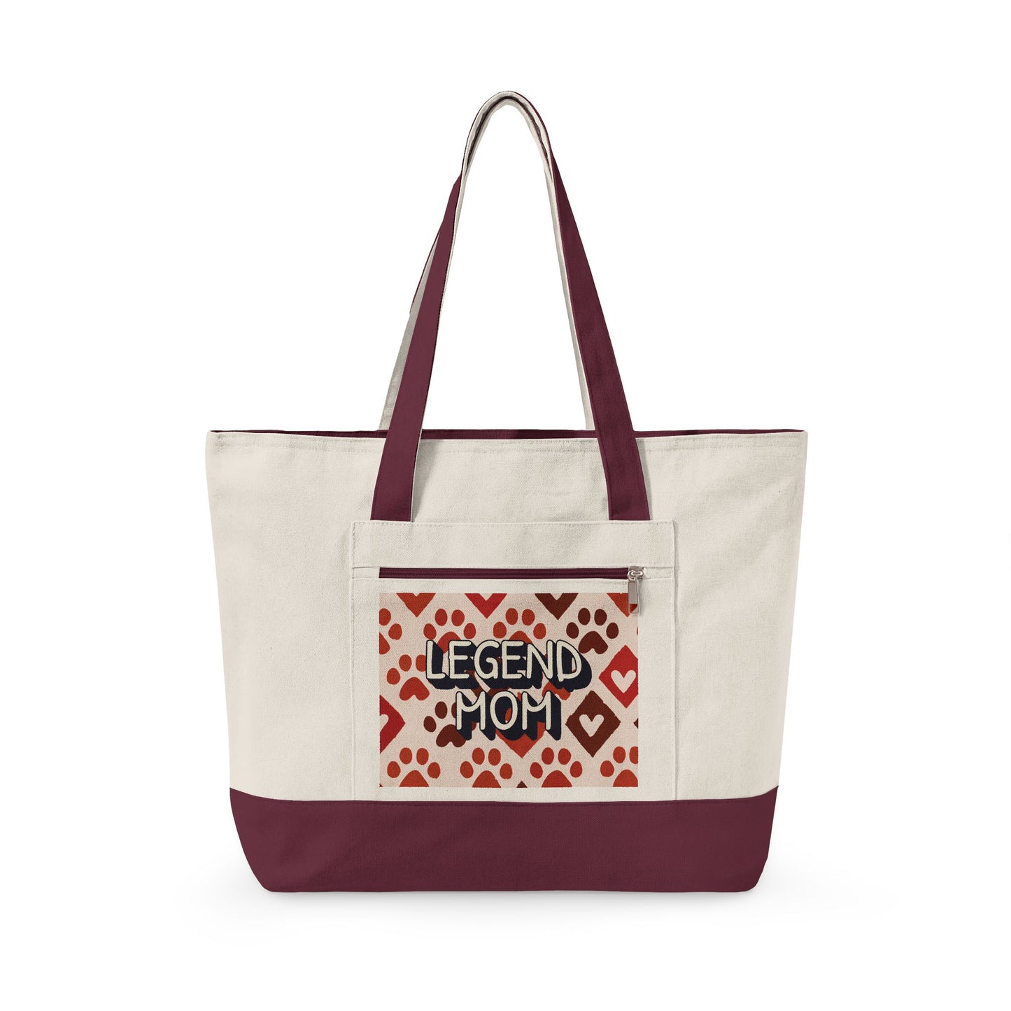 Zippered Canvas Tote, Legend Mom Dog Paw Print Bag, Pet Lover Mom Tote Bag, Cute Paw Pattern Carryall, Everyday Shopping Bag