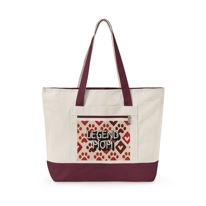 Zippered Canvas Tote, Legend Mom Dog Paw Print Bag, Pet Lover Mom Tote Bag, Cute Paw Pattern Carryall, Everyday Shopping Bag
