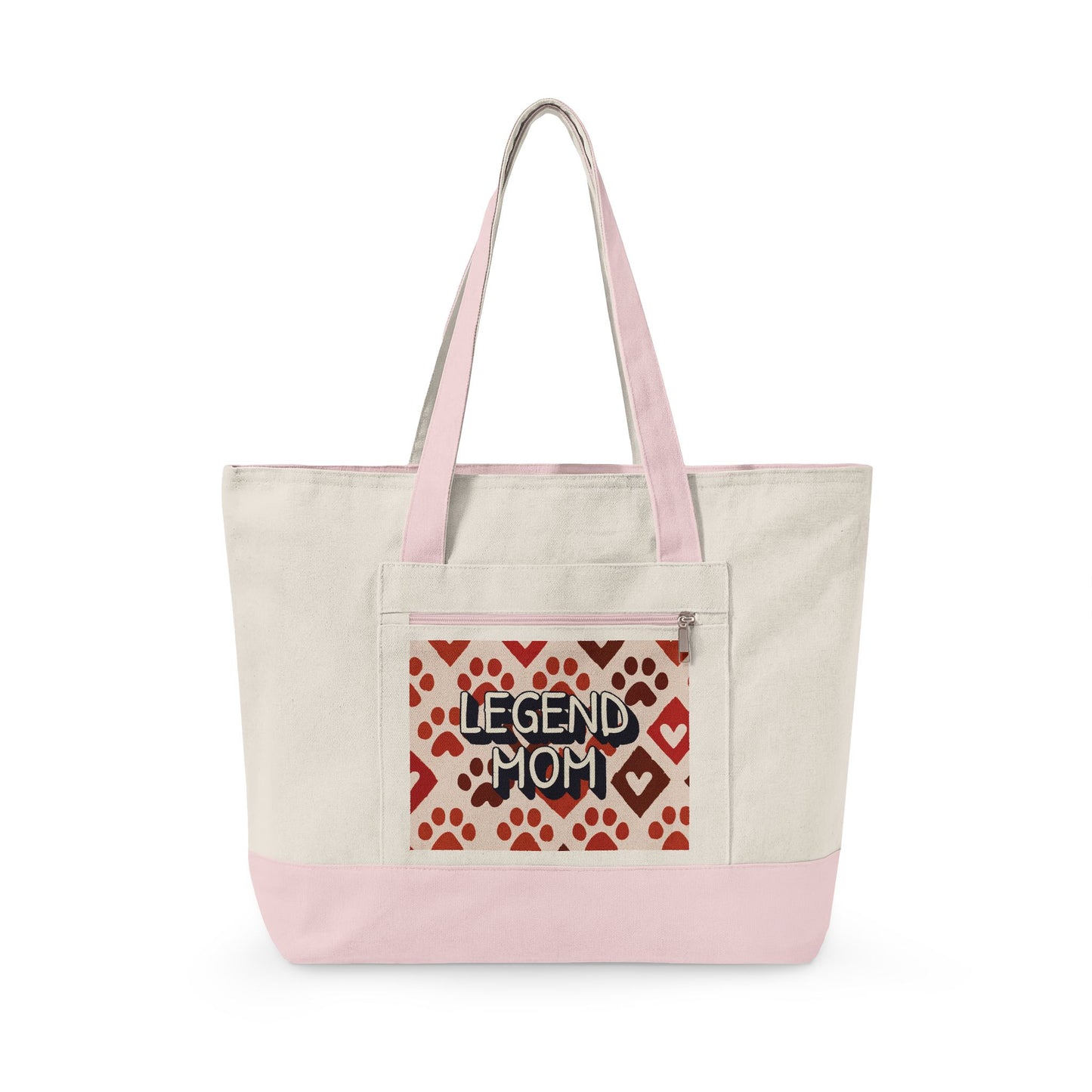 Zippered Canvas Tote, Legend Mom Dog Paw Print Bag, Pet Lover Mom Tote Bag, Cute Paw Pattern Carryall, Everyday Shopping Bag