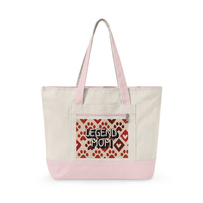 Zippered Canvas Tote, Legend Mom Dog Paw Print Bag, Pet Lover Mom Tote Bag, Cute Paw Pattern Carryall, Everyday Shopping Bag