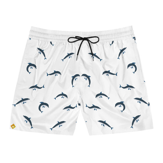 Men Mid Length Swim Shorts  White with Blue Dolphin Pattern  Beach & Poolwear