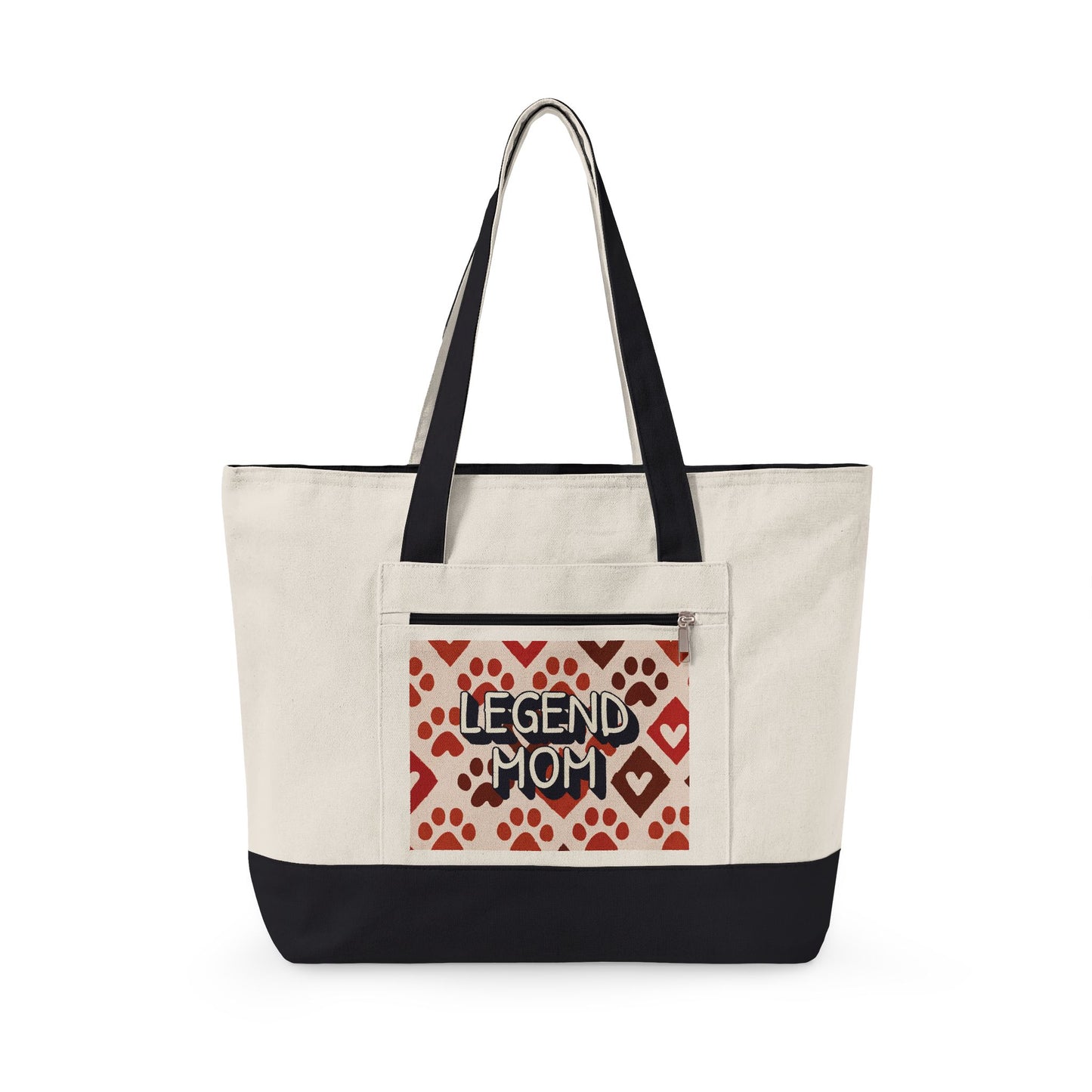 Zippered Canvas Tote, Legend Mom Dog Paw Print Bag, Pet Lover Mom Tote Bag, Cute Paw Pattern Carryall, Everyday Shopping Bag