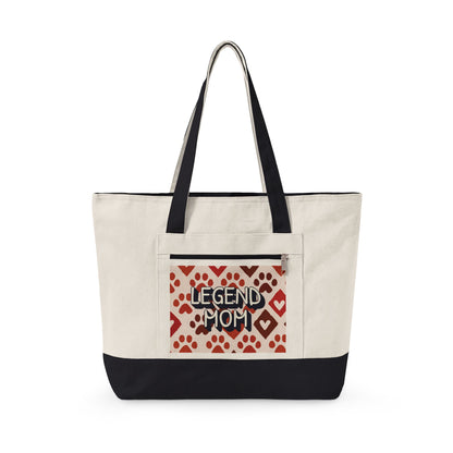 Zippered Canvas Tote, Legend Mom Dog Paw Print Bag, Pet Lover Mom Tote Bag, Cute Paw Pattern Carryall, Everyday Shopping Bag
