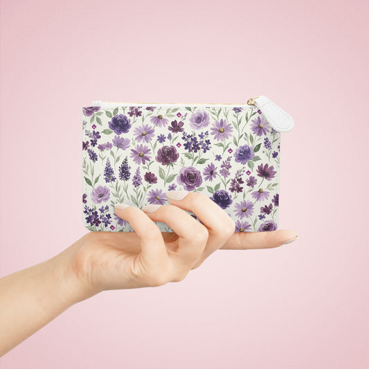 Purple Floral Pattern Clutch Bag | Lavender Roses Daisies Wristlet