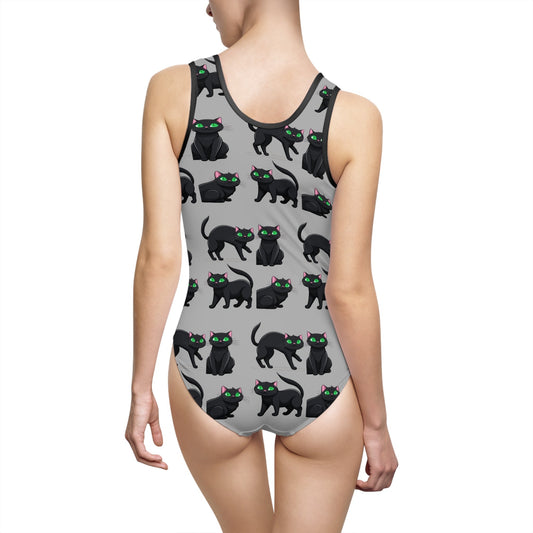 One Piece Swimsuit, Black Cat Print Pattern, Cute Cat Bathing Suit, Cat Lover Swimwear, Gift for Pet Moms, Beach Vacation Outfit