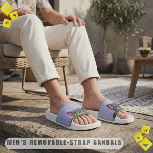Sandals, cute kawaii cat design, men's beach footwear, removable strap sandals, green-eyed kitten, summer shoes