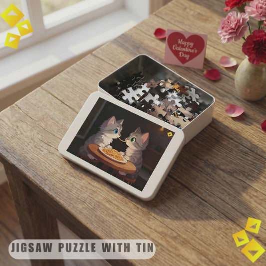 Jigsaw Puzzle with Tin - Cute Cat Love Puzzle - Romantic Kitten Art - Pet Lover Gift - Cozy Animal Puzzle 30 to 2000 Pieces