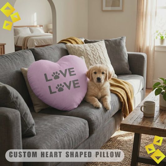 Heart Shaped Pillow - Pet Love Decor Pillow - Paw Print LOVE Cushion - Cozy Dog Cat Lover Home Accent Gift