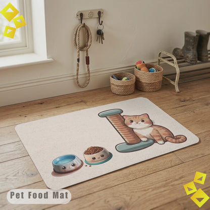 Pet Food Mat, Orange Cat with Scratcher Design, Cat Bowl Placemat for Pet Lover, Non Slip Feeding Mat Gift for Cat Mom