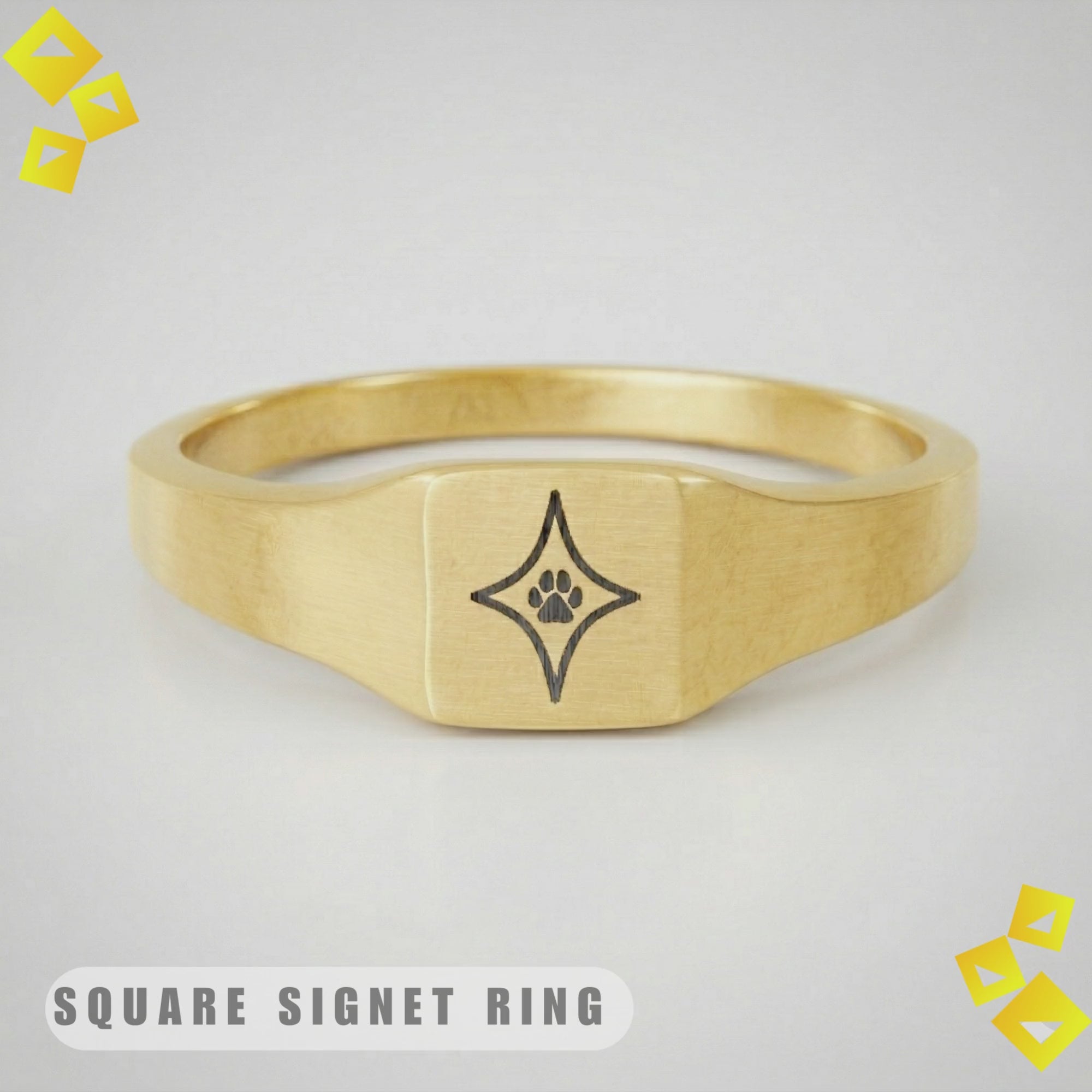Square Signet Ring, Pet Paw Star Engraved Square Ring, Dog Mom Gift, Mother's Day Engraved Jewelry, Cat Mom Gift