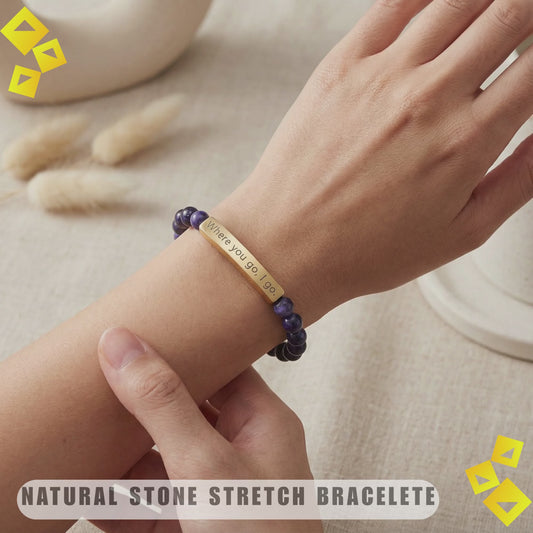 Natural Stone Stretch Bracelet - Where You Go I Go - Engraved Bar Bracelet - Meaningful Gift for Pet Lovers
